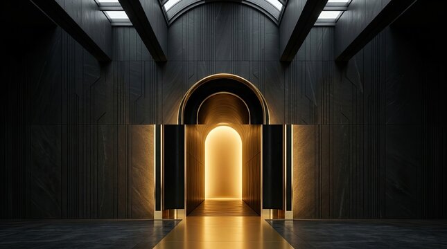 Step into a realm of futuristic wonder where sleek metallic corridors converge upon a radiant golden gateway promising untold adventures and technological marvels beyond