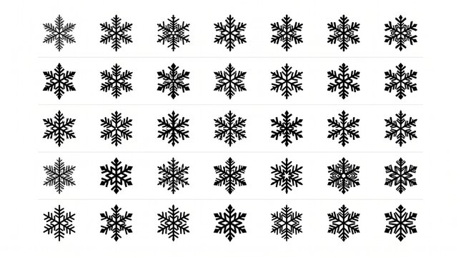 Black snowflake silhouettes arranged in a grid pattern on white background