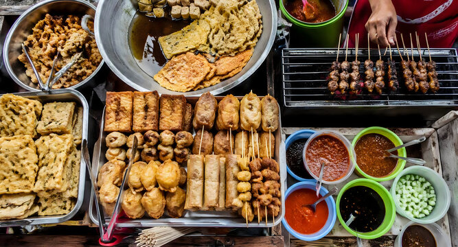 Variety of traditional indonesian street food snacks and satay displayed on a market stall with fried food asian cuisine southeast asia street vendor food photography culinary delicious