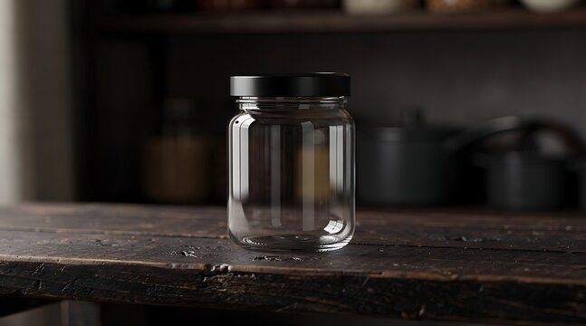 Empty clear glass storage jar with a black lid placed on a rustic dark wooden table in a kitchen setting, representing sustainable living, zero waste lifestyle, and eco-friendly home organization.