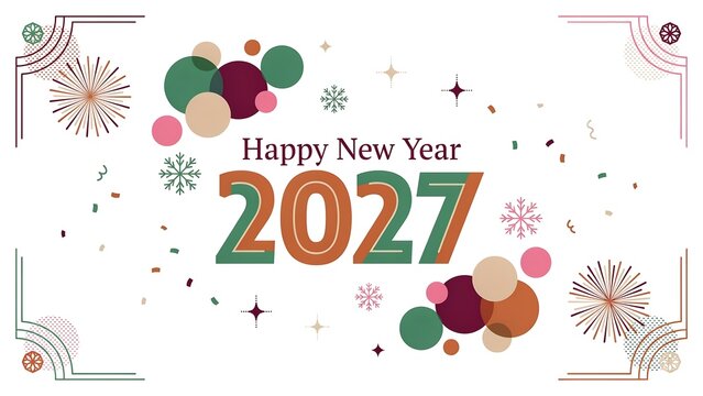 Happy New Year 2027 greeting card with retro colors and festive decorations