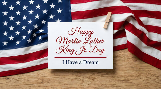 Happy martin luther king jr day card with an american flag background on a rustic wooden table