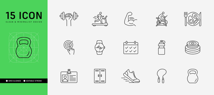 Fitness, Gym, and Workout Line Icon Set - Editable Stroke Vector Design