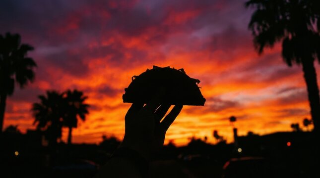 Silhouette of Person Holding Taco Against Dramatic Fiery Sunset Sky