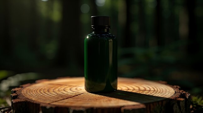 Small Dark Green Glass Bottle for Essential Oils or Herbal Medicine Placed on a Rustic Wood Tree Stump in a Lush Forest Background, Concept for Organic Wellness and Natural Skincare Products