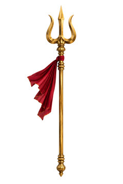 Golden trident with flowing red sacred cloth symbolizing hindu devotional celebration durga puja and diwali isolated on a transparent background