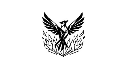 Obraz premium Black and white geometric phoenix bird rising from flames vector logo design template, modern abstract origami animal symbol isolated on white background
