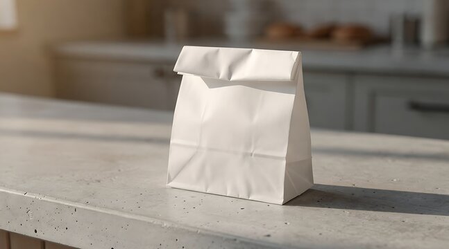 Minimalist white paper bag for food packaging or lunch on a stone kitchen counter with natural sunlight, representing eco-friendly delivery, sustainable lifestyle, and takeaway breakfast mockup.