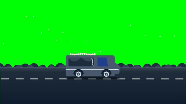 minimal hearse transport driving along highway road with floral wreath isolated on bright chroma key green screen background asset