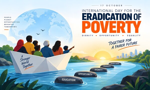 International day for the eradication of poverty concept with people in a paper boat crossing toward a better future poverty reduction social develo