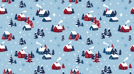 Fototapeta premium Seamless christmas pattern with cute winter houses and pine trees on a light blue background, festive holiday wallpaper design