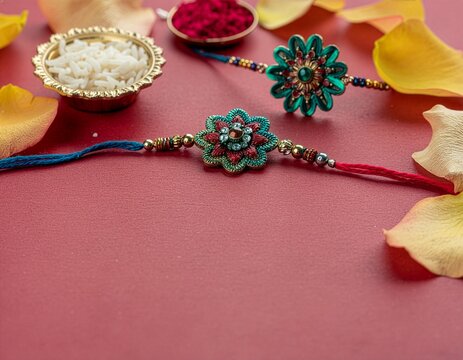 Colorful Rakhi Bracelets on Red Background with Rose Petals and Rice for Raksha Bandhan Celebration