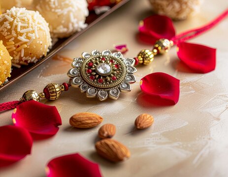 Decorative Rakhi With Sweets, Rose Petals and Almonds for Raksha Bandhan Celebration