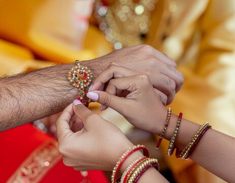 Sister Tying Rakhi Bracelet on Brother Wrist During Raksha Bandhan Ceremony Celebrating Sibling Bond