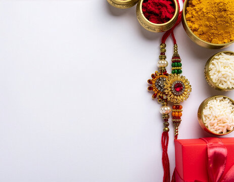 Raksha Bandhan Rakhi With Gift Box, Turmeric, Kumkum And Rice On White Background