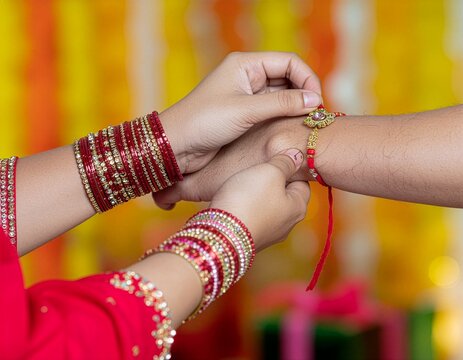 Sister Tying Rakhi Bracelet on Brother's Wrist During Raksha Bandhan Celebration With Red Bangles