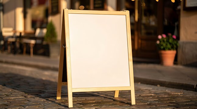 Blank Wooden A-Frame Signage Mockup on Cobblestone Street Outside a Cafe at Sunset, Outdoor Advertising Whiteboard for Menu or Promotion in a European Urban Cityscape with Green Plant Background