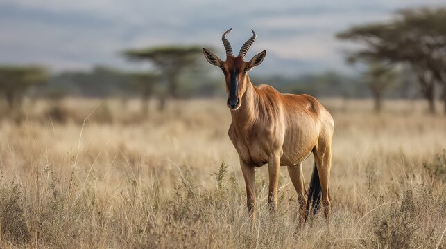 Hartebeest antelope standing in dry savanna grass during golden hour with acacia trees background