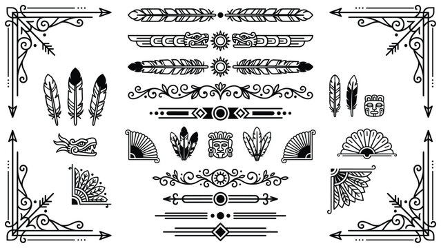 Aztec tribal borders and ornamental corners set with serpent heads and feathers for native cultural designs.
