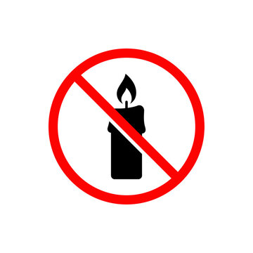No open flames candle warning sign with red circle and diagonal bar over black burning candle icon for fire safety and industrial hazard prevention protocols.