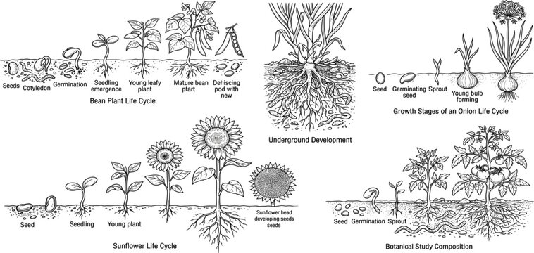 Plant Life Cycle Germination Growth Stages Diagram Vector Icon Set For Biology Botanical Line Art Design