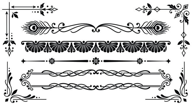 Black vintage peacock feather dividers and elegant scroll borders for retro certificate and invitation designs.