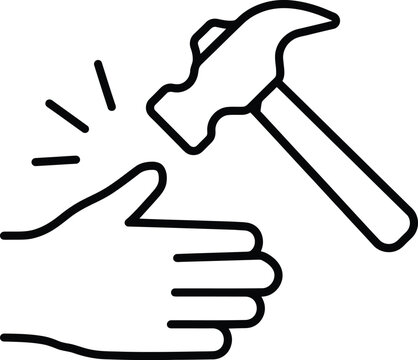 Minimalist line icon of a hammer hitting a hand representing accident risk with accident construction industrial