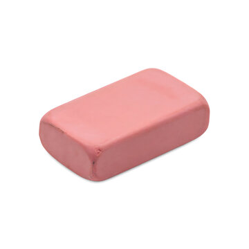 A single rectangular pink rubber eraser for school or office use, isolated on a white background, showing a smooth texture and rounded edges