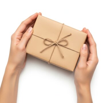 Hands Holding a Brown Paper Wrapped Gift Box With String Bow