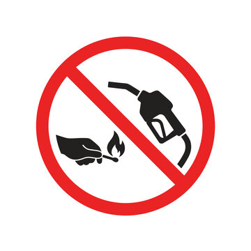 Black and red forbidden sign on transparent background signifying no open flames near a gas pump or flammable materials.