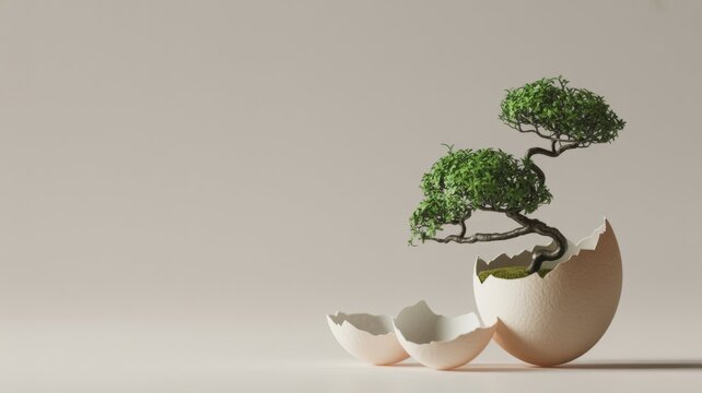 Conceptual art where a miniature green bonsai tree grows from a cracked white eggshell on a neutral beige background with space for text.