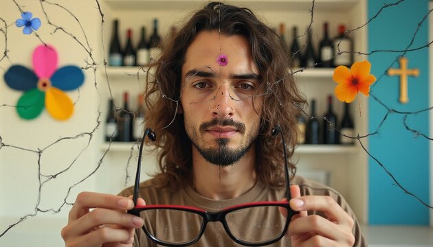 Person holding glasses with decorative branches and vibrant home interior elements