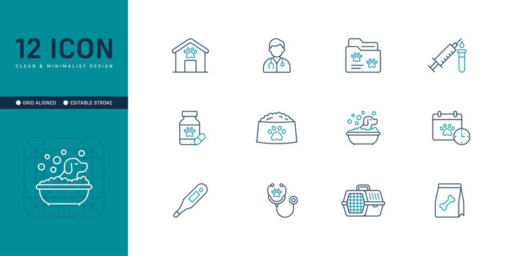 Pet Care and Veterinary Medicine, Dual Tone Line Icon Set - Editable Stroke Vector Design