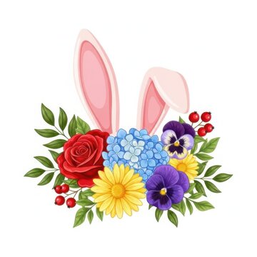 Cute Bunny Rabbit Ears With Colorful Flower Bouquet