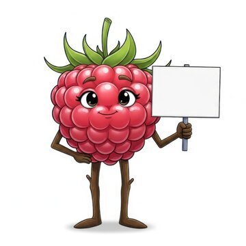 Cute cartoon raspberry character holding a blank sign