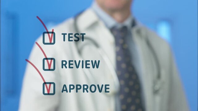 Medical professional interacting with a digital interface, completing a three step checklist for testing, reviewing, and approving artificial intelligence protocols in healthcare