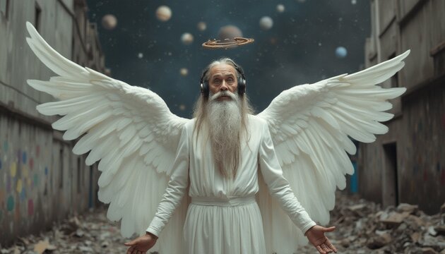 Angel with White Wings and Headphones in Celestial Urban Ruin