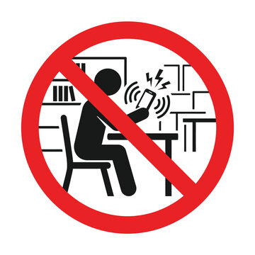 No cell phone usage sign shows silhouette person at desk with ringing mobile device behind red diagonal strike for quiet office environments and exam centers.