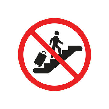 No suitcase on escalator sign with red circle and black icon illustrates travel safety rules for airport terminal and public transportation station floor graphics.