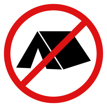 Prohibition sign with camping tent in red circle displaying restriction for overnight stays or camping activities in public parks and protected wildlife zones.