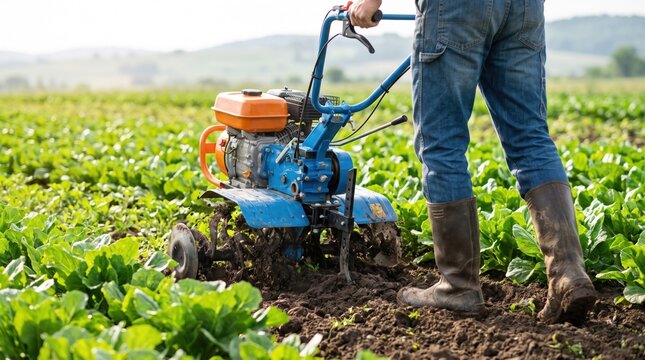 A farmer uses a motorized tiller to cultivate the soil in a lush green field on a sunny day, focusing on agricultural work and farming