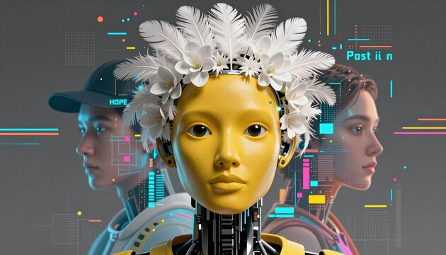 Futuristic robot with floral crown and human figures in digital landscape