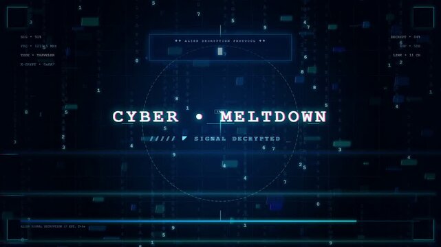 Futuristic Digital Interface with Cyber Meltdown Text and Animated Data Processing HUD Elements