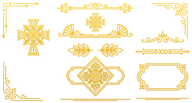 Golden religious ornament collection with crosses and frames for formal invitations and luxury church designs.