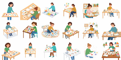 Fototapeta premium Flat vector illustration set of a young woman engaged in various creative activities like drawing, scrapbooking, painting, and crafting at a workspace desk, isolated on white background.