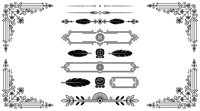Maya glyph and feather dividers set with ornamental line borders and elegant corners for native card design.