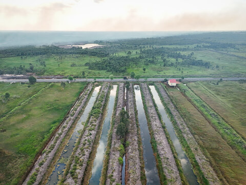 Aerial view of parallel irrigation canals cutting through green fields near a road and a small house in Banjarbaru, South Kalimantan, Indonesia.