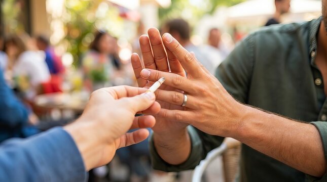 A male person holding up a hand to refuse an offer and rejecting a cigarette during social event.
