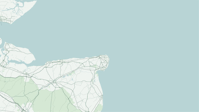 Modern minimalist vector map of Margate, Kent, UK. Scalable coastal town street grid, Thanet coastline, Margate Sands bay, Harbour Arm, and railway transit corridors for wall art print posters.