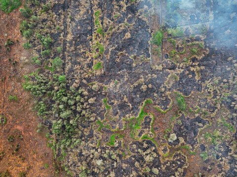 Aerial view of charred land and smoke from a forest fire with patches of green trees in Banjarbaru, South Kalimantan, Indonesia.